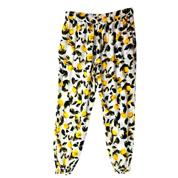 Solitaire Size Large Lemon Yellow Print Jogger Pant Pull On Beach  Pockets  #909 - Picture 8 of 10